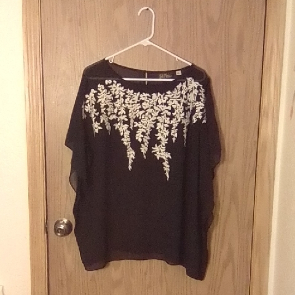 Bob Mackie Wearable Art Sheer Black Top with White Embroidery